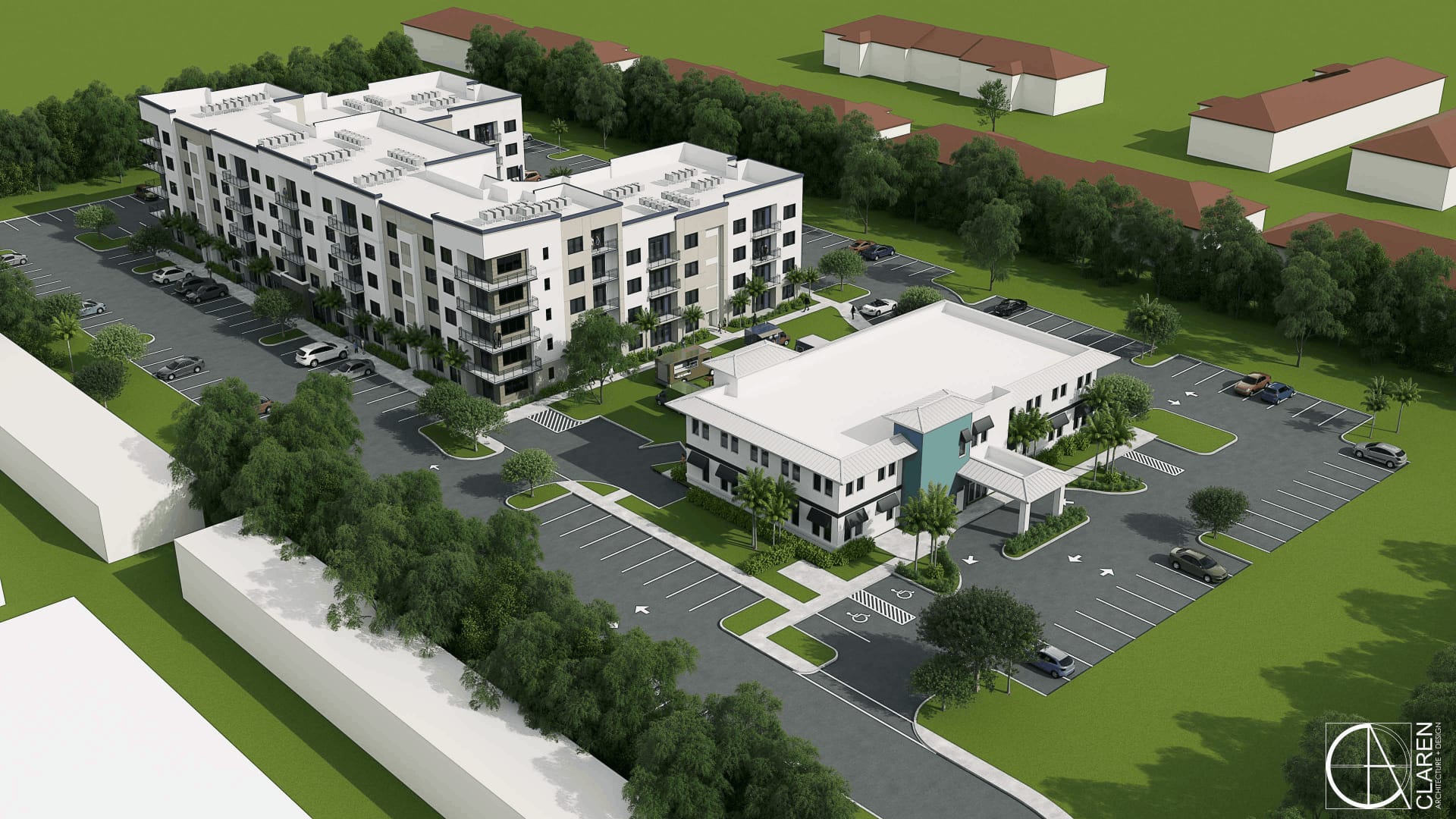 Multifamily and existing office components shown in a single composition.