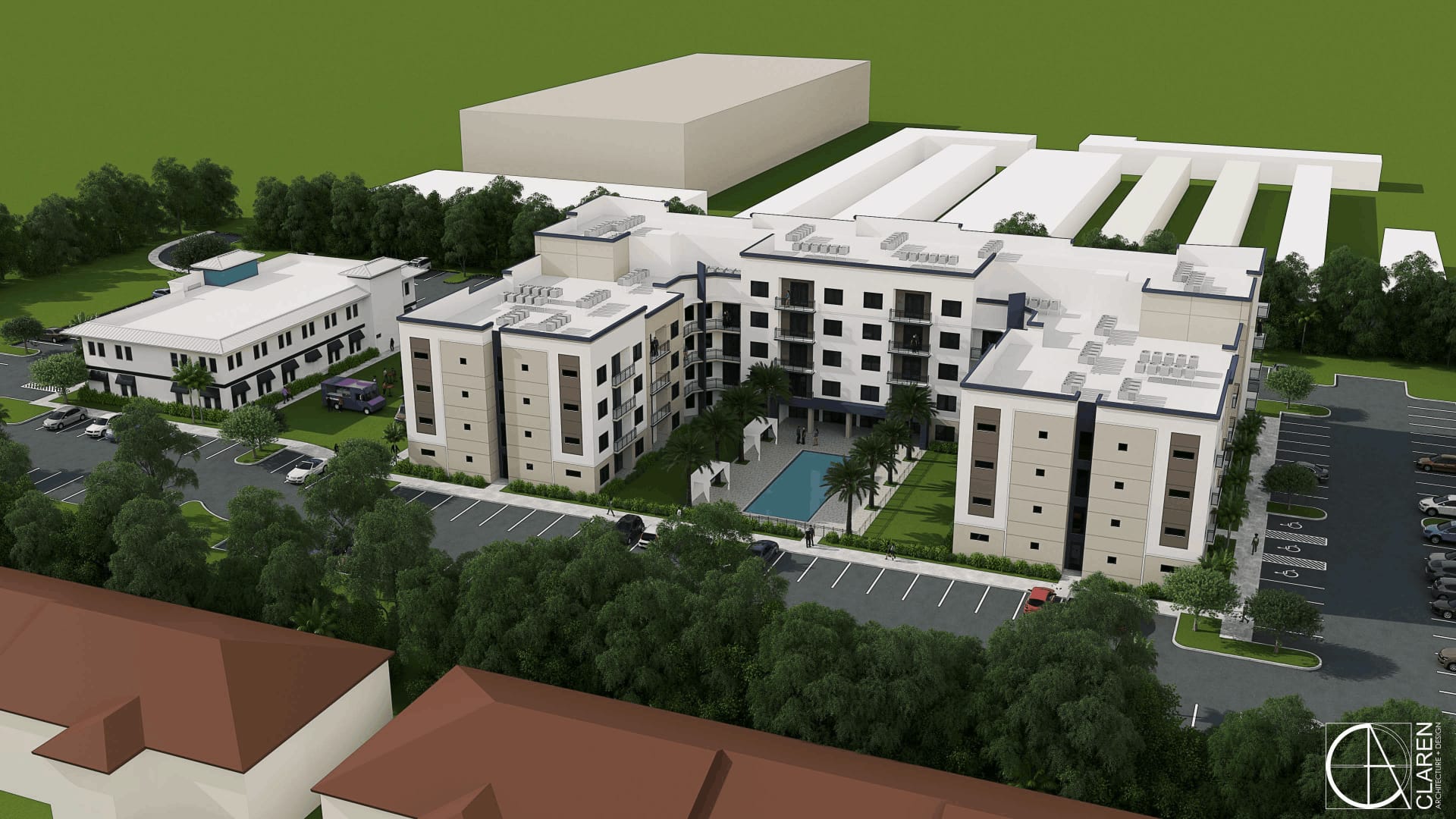 An interior courtyard organized around the resort pool deck.