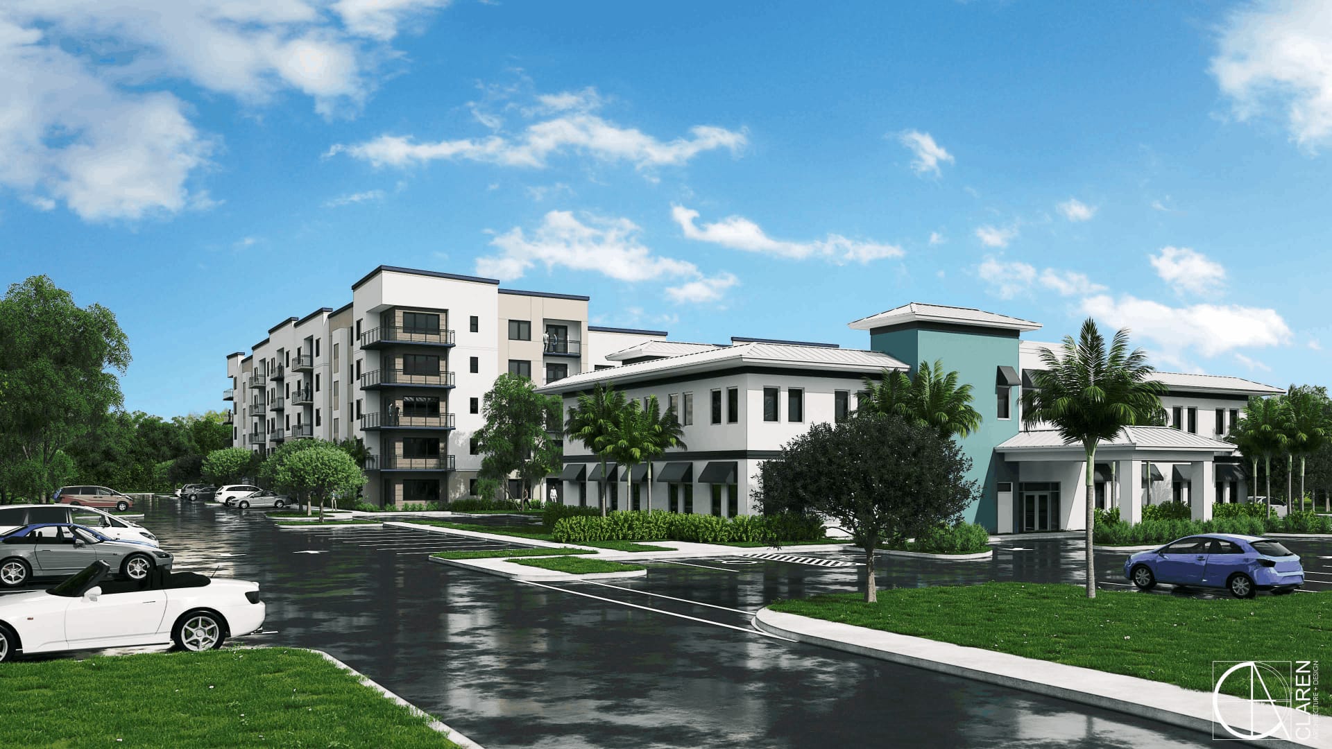 The two components reading as one cohesive Boca Raton campus.